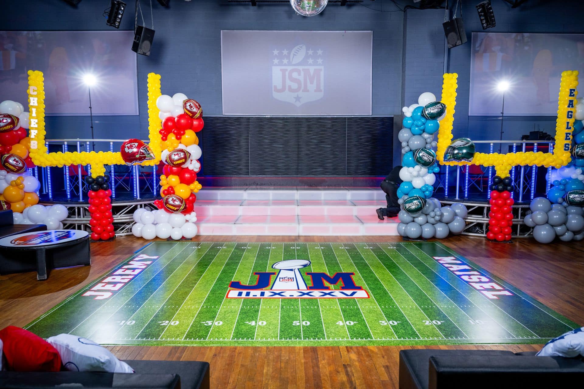 Chiefs and Eagles Balloon Field Goal Posts for a NFL Super Bowl Theme Bar Mitzvah