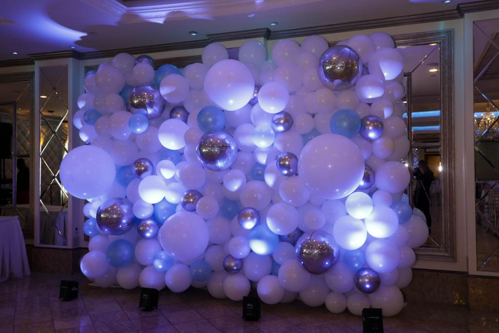 Pale Blue and White Organic Balloon Wall with Silver Metallic Orbz Accents for Christening