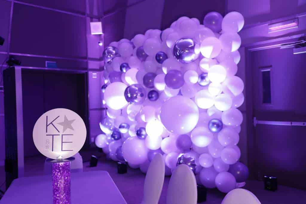 Lavender and White Organic Balloon Wall with Silver Metallic Accents for Bat Mitzvah Photo Booth