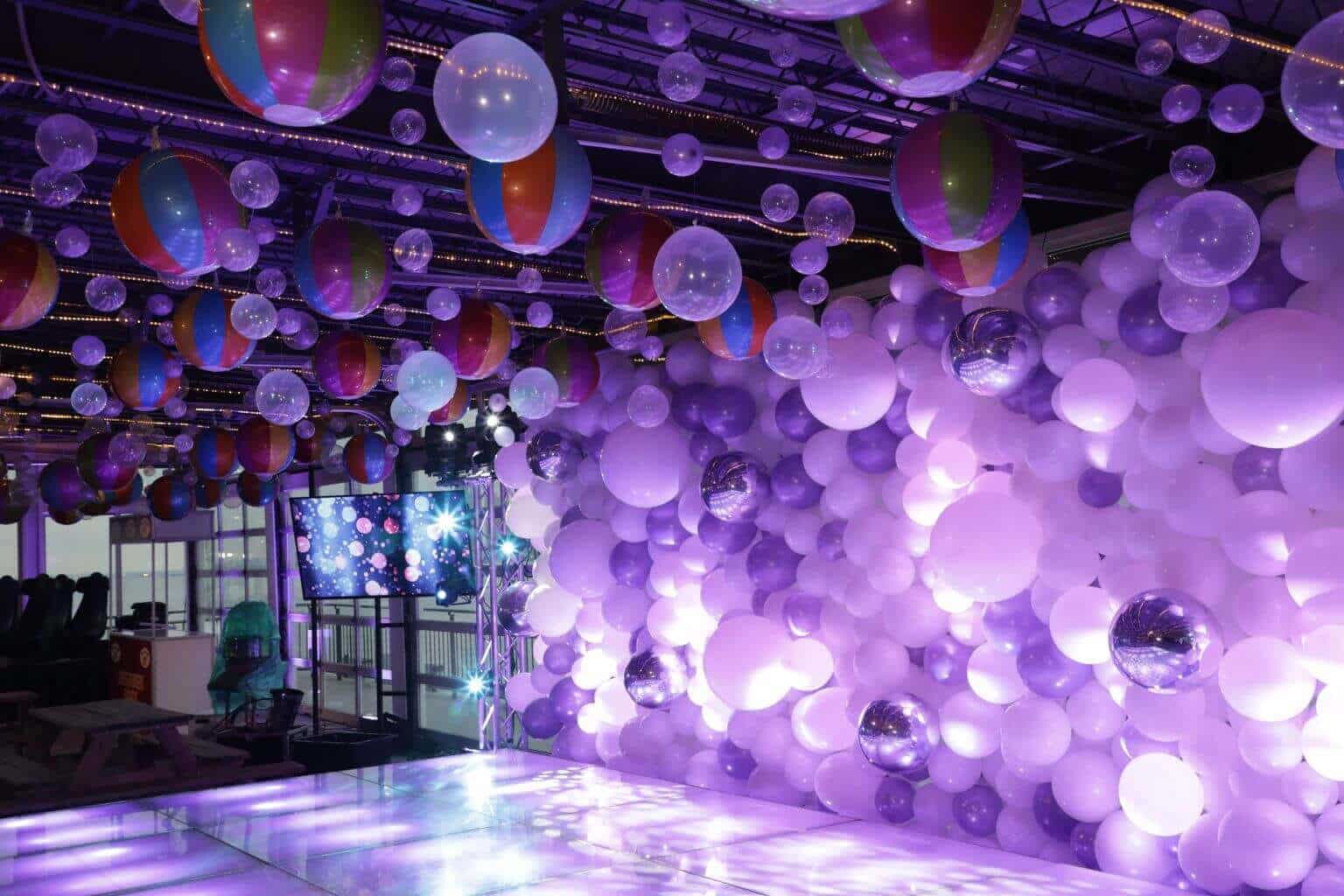 Lavender, White and Silver LED Balloon Wall for Beach Themed Bat Mitzvah at Sunset Terrace, NYC