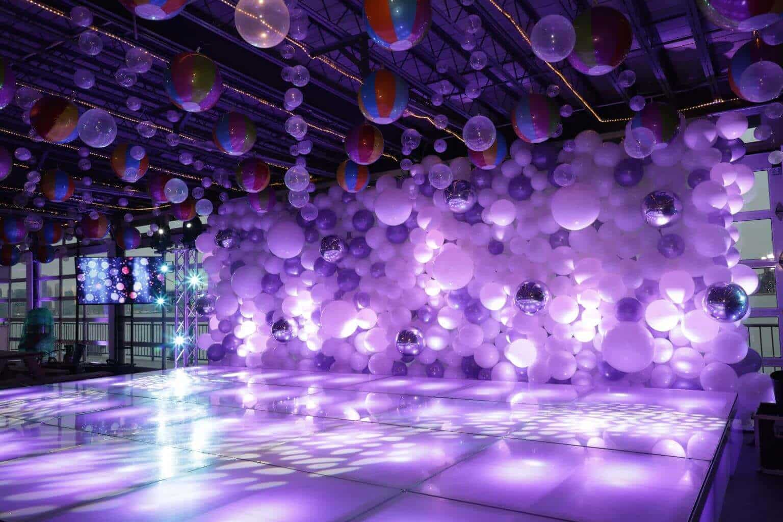 Lavender, White and Silver LED Balloon Wall for Beach Themed Bat Mitzvah at Sunset Terrace, NYC
