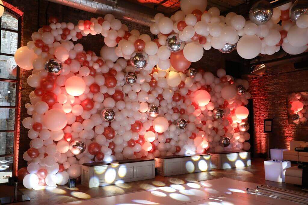 Rose Gold, White and Silver Organic Balloon Wall for Bat Mitzvah at the Wythe Hotel, NYC