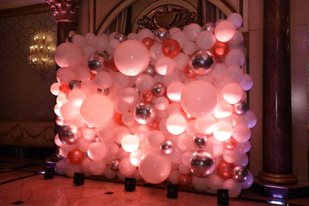 Rose Gold and White Organic Balloon Wall with Silver Orbz Accent for Bat Mitzvah Photo Booth Backdrop