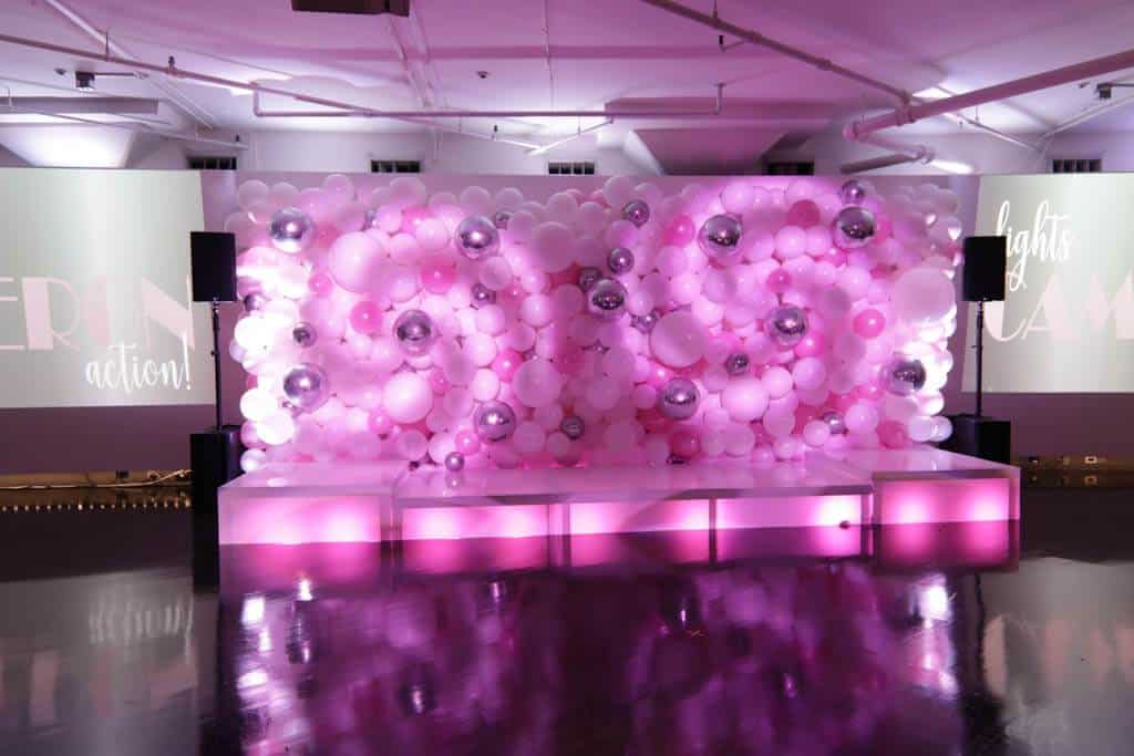 Light Pink and White Organic Balloon Wall with Metallic Silver Orbz Accents for Bat Mitzvah at Tribeca 360