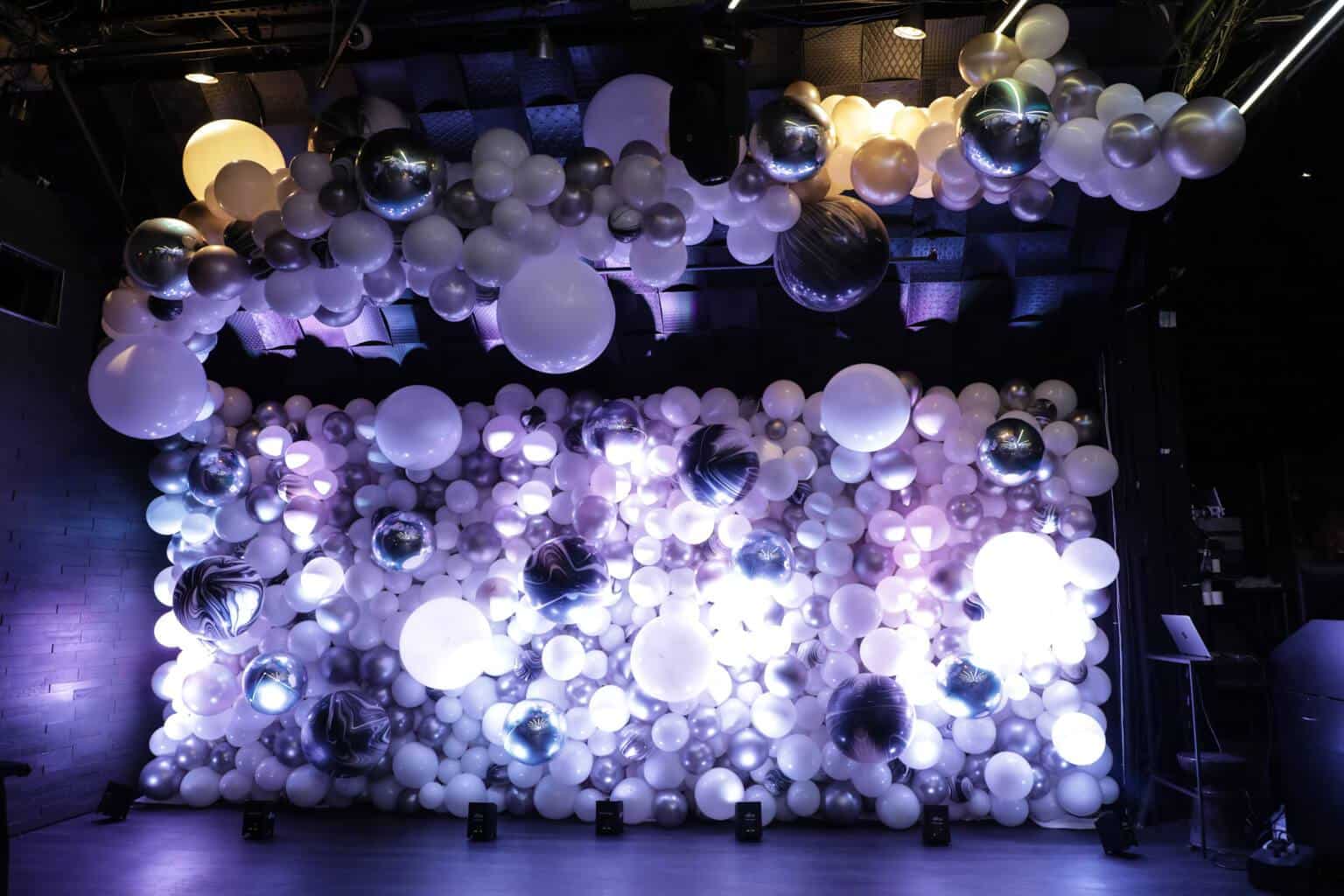 Black and White Organic Balloon Wall with Ceiling Sculpture at Slate, NY