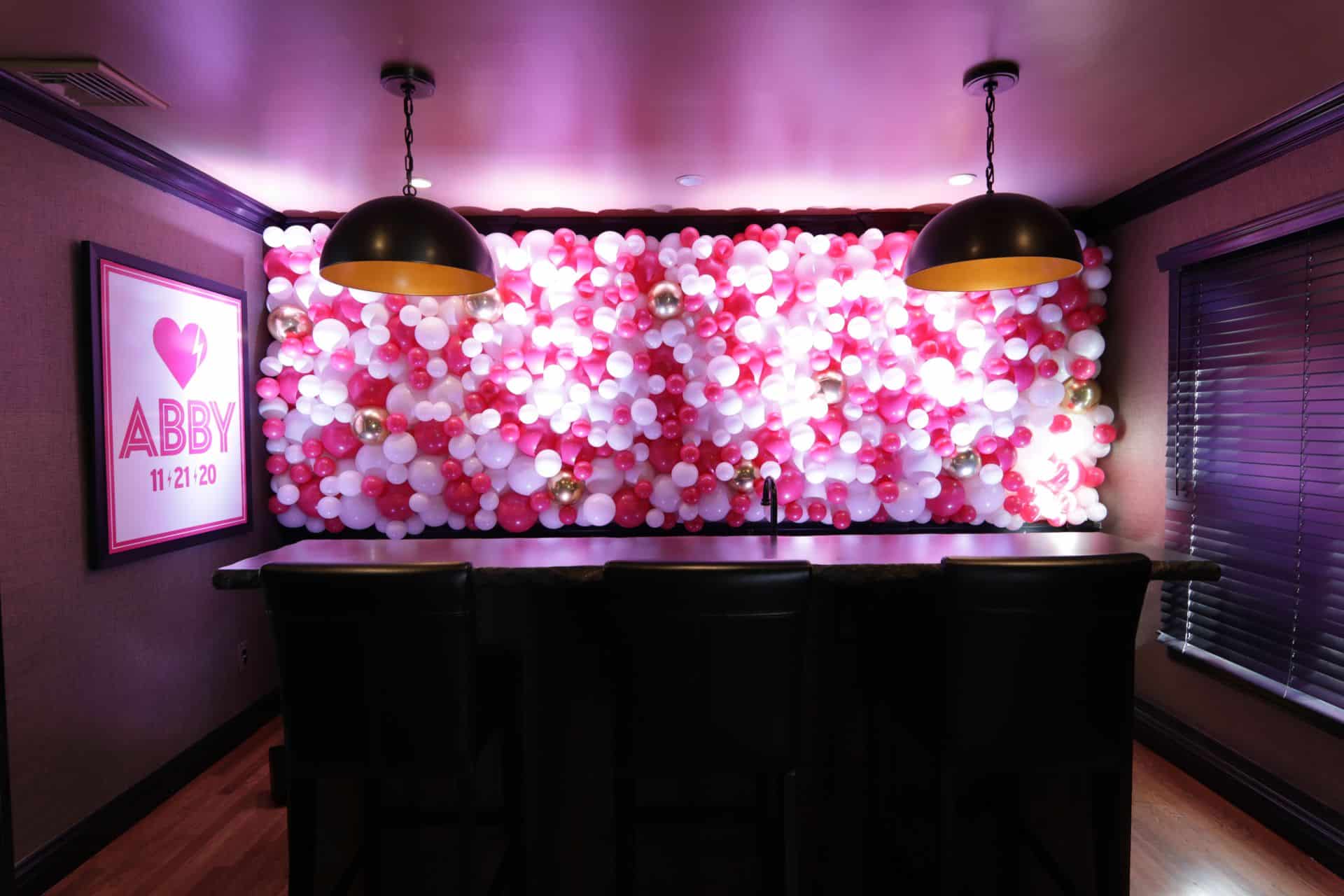 Pink Organic Balloon Wall with LED Uplighting for Home Zoom Service