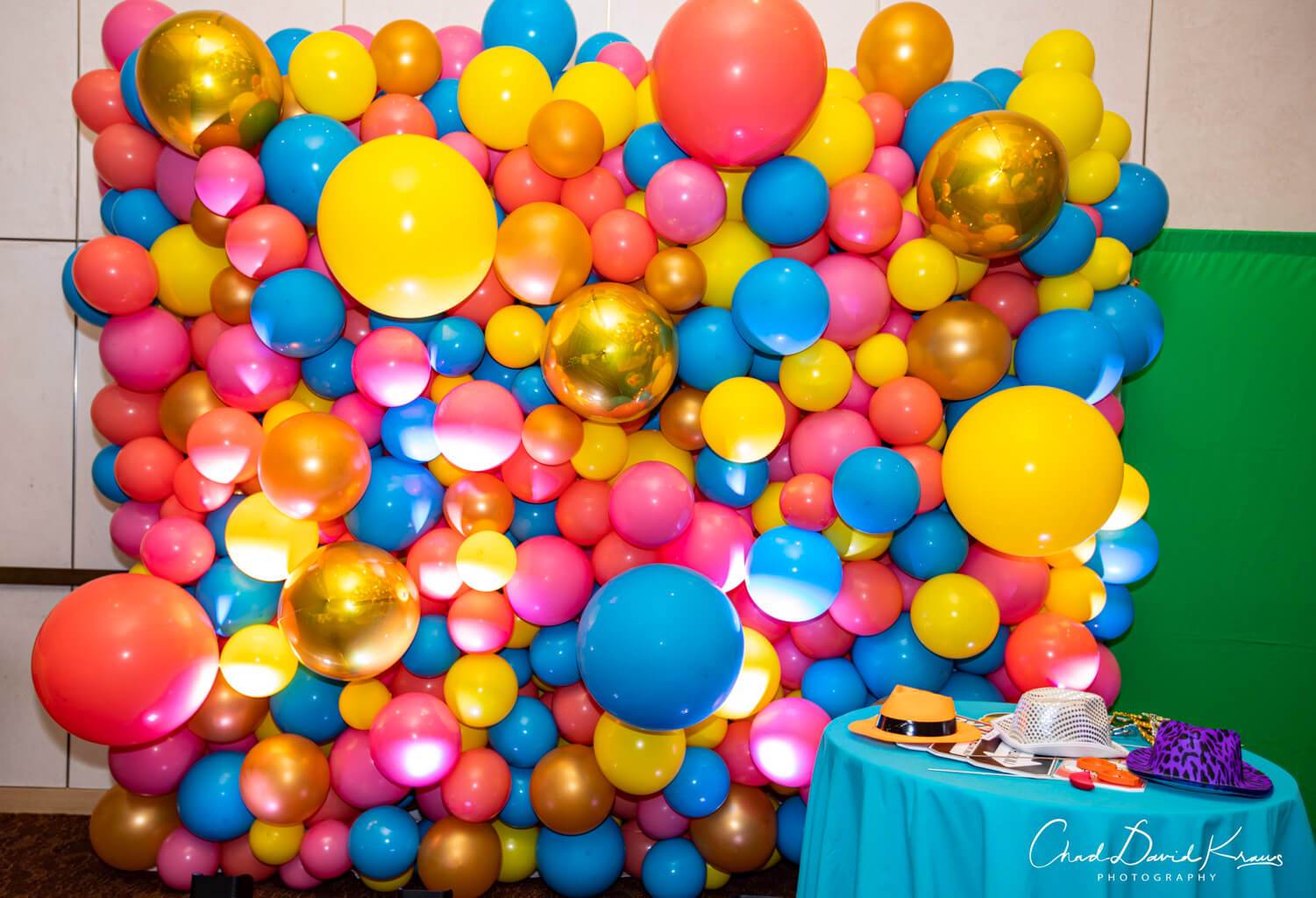Colorful Organic Balloon Wall with Metallic Gold Accents for Bat Mitzvah