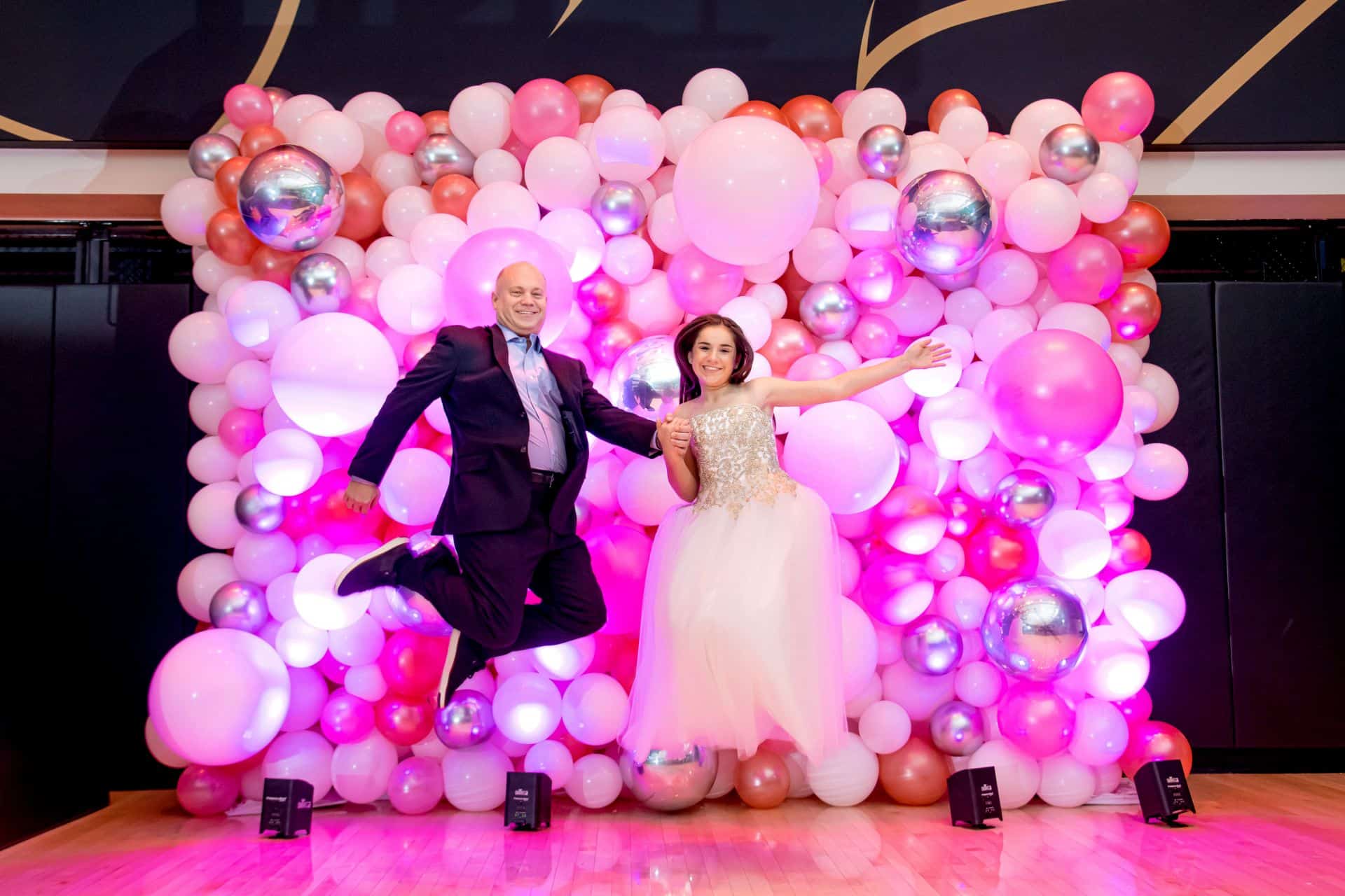 Pink and Rose Gold Balloon Wall with LED Lighting For Bat Mitzvah Photo Booth Backdrop
