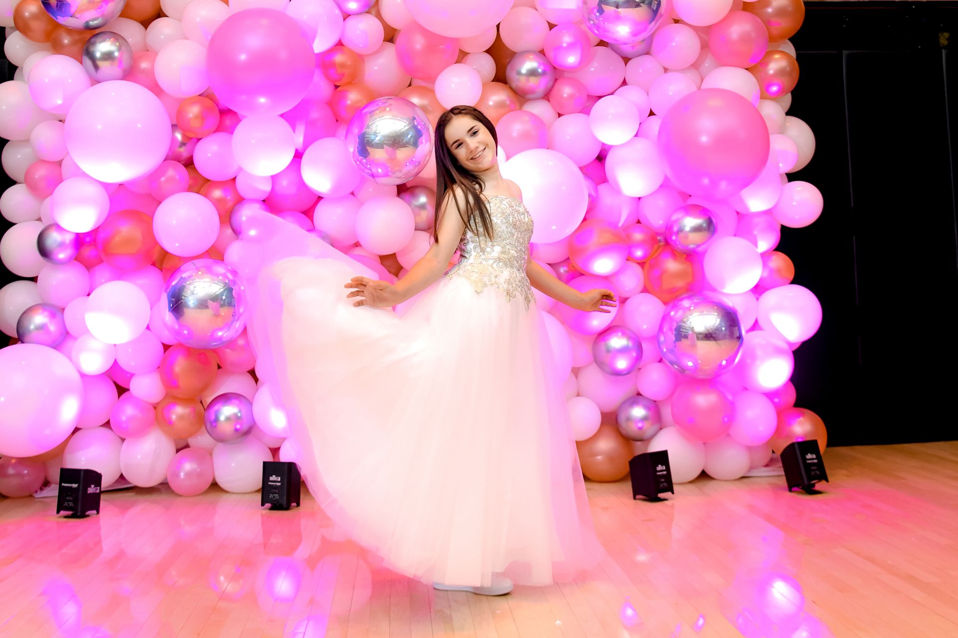 Pink and Rose Gold Balloon Wall with LED Lighting For Bat Mitzvah Photo Booth Backdrop