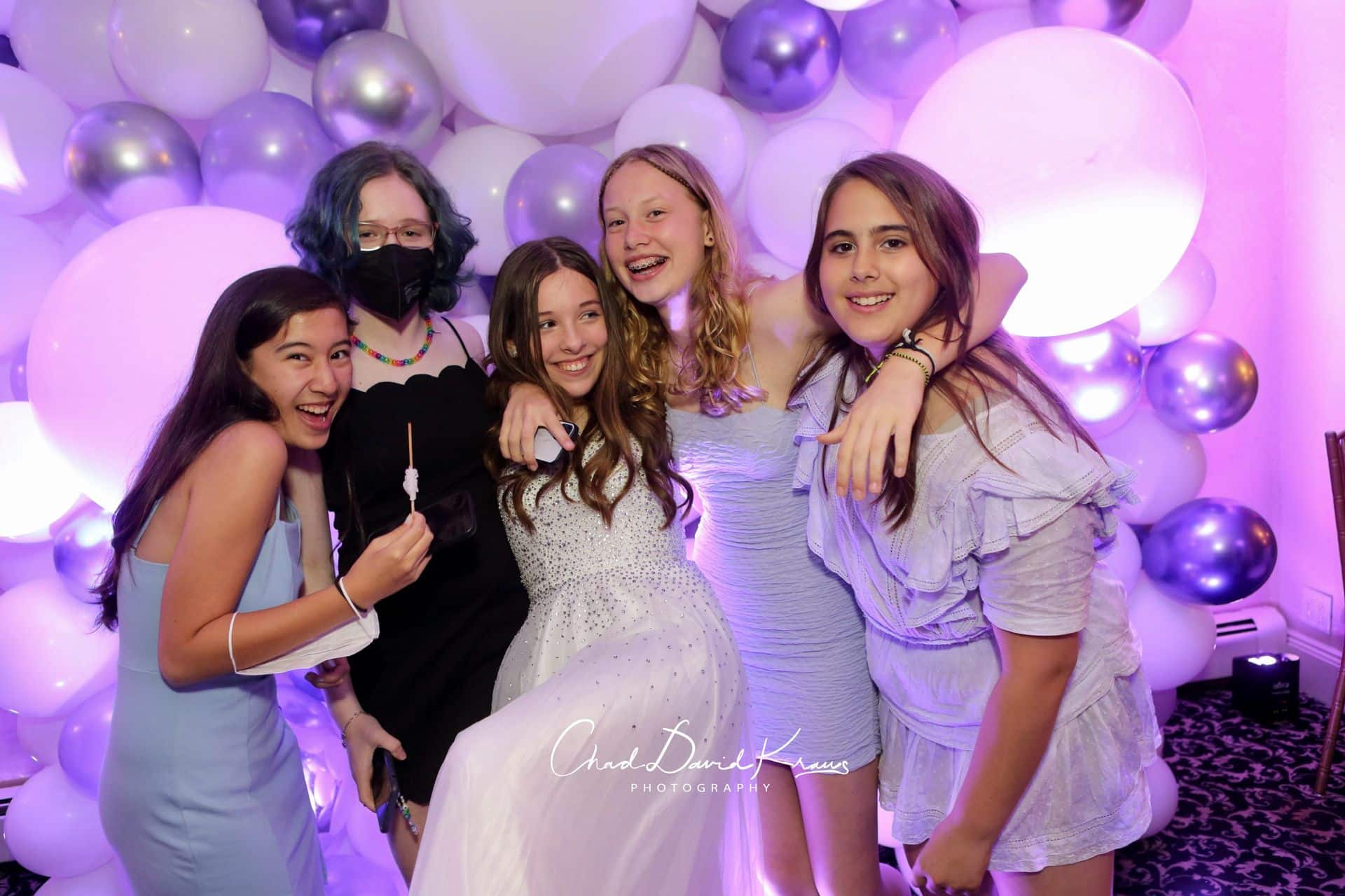 Purple and Lavender Organic Balloon Wall with LED Lighting for Bat Mitzvah Photo Booth