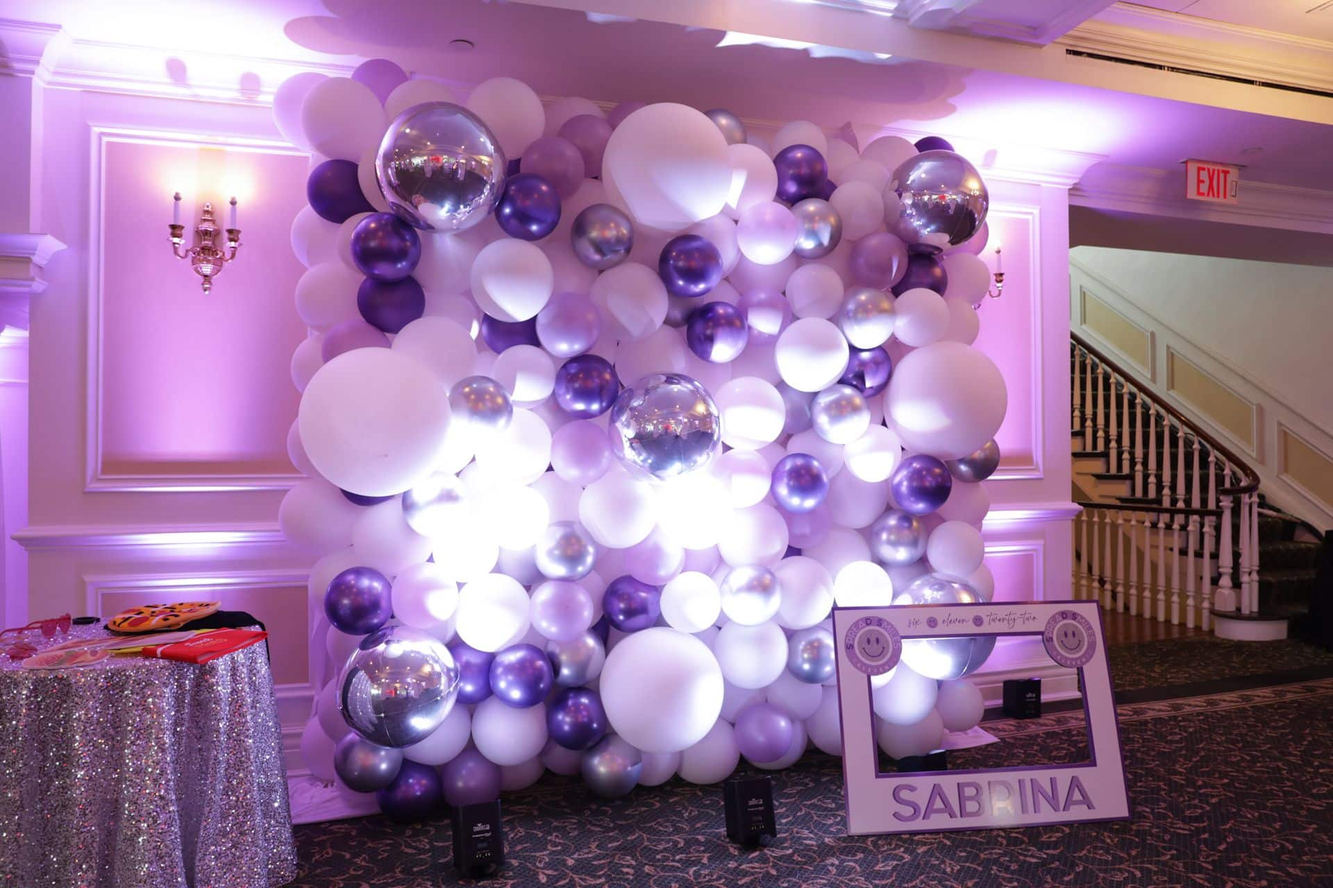 Purple and Lavender Organic Balloon Wall with LED Lighting for Bat Mitzvah Photo Booth at Scarsdale Golf Club