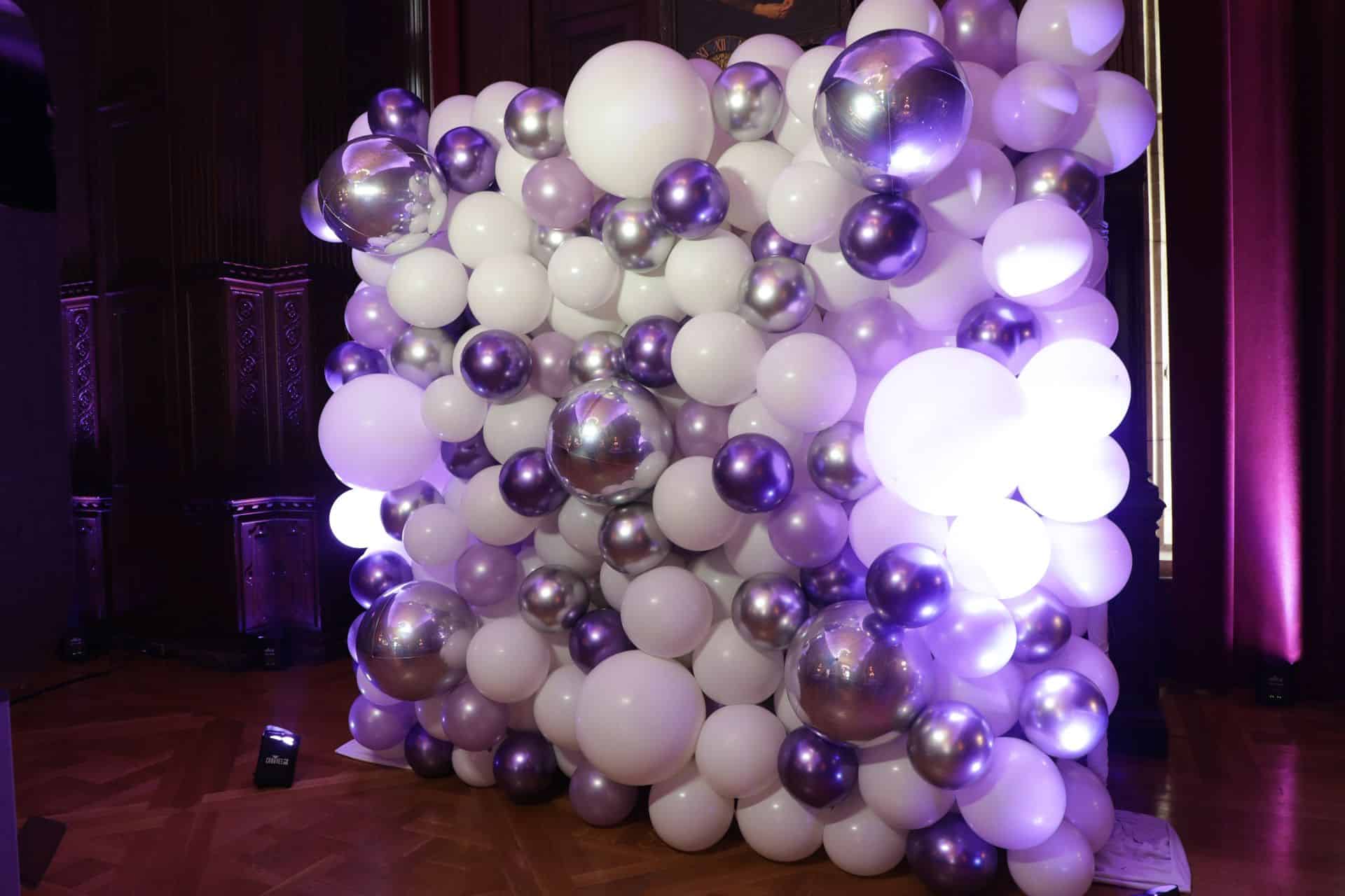 Purple and Lavender Organic Balloon Wall with LED Lighting for Bat Mitzvah Photo Booth