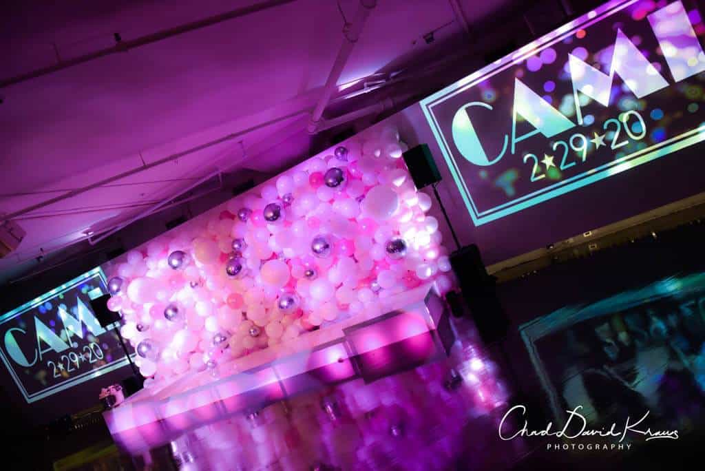 Light Pink and White Organic Balloon Wall with Metallic Silver Orbz Accents for Bat Mitzvah at Tribeca 360