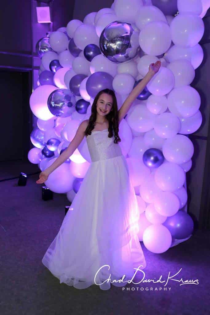 Lavender and White Organic Balloon Wall with Silver Metallic Accents for Bat Mitzvah Photo Booth