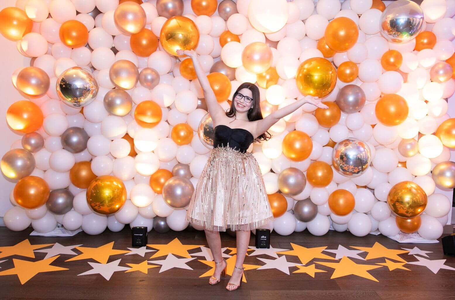 Gold, Silver and White Balloon Wall for Hollywood Themed Bat Mitzvah with Star Decal Display
