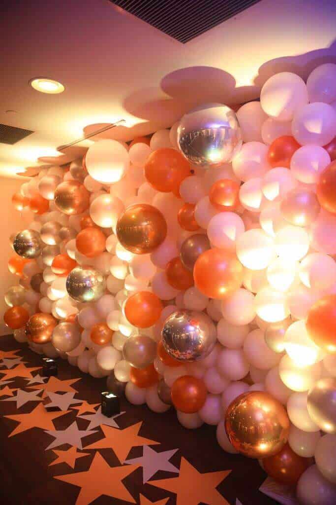 Gold, Silver and White Balloon Wall for Hollywood Themed Bat Mitzvah with Star Decal Display