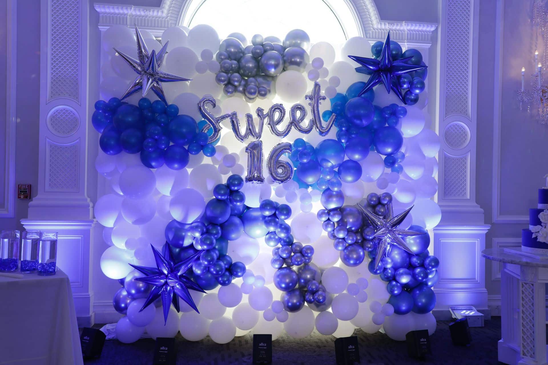 Blue and White Sweet Sixteen Balloon Wall