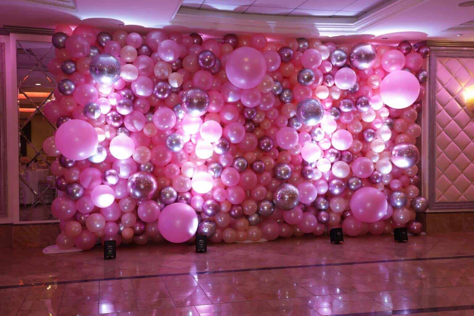 Rose Gold, Pink and Silver Balloon Wall with LED Lighting for Communion at Season Catering