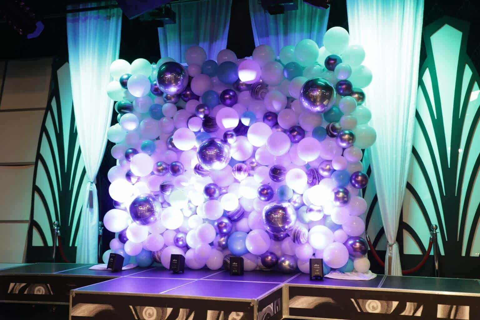 Purple and Turquoise Organic Balloon Wall with Black and White Marble Balloons for Galaxy Themed Bat Mitzvah at Powerhouse Studios, Paramus
