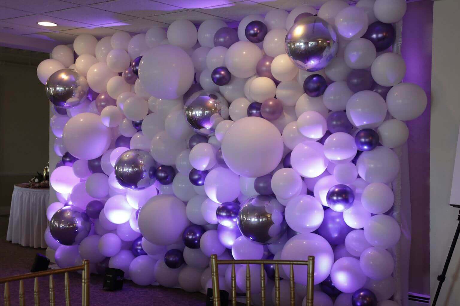 Organic Balloon Wall Backdrop with Purple and Silver Balloons & LED Uplighting for Bat Mitzvah at the Davenport Club