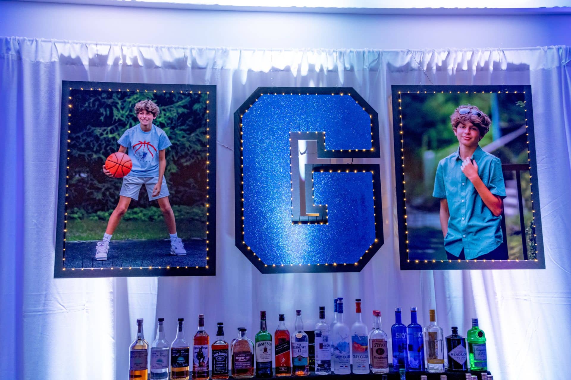 Custom Glittered Initial and Photos with Lights Behind Bar for Bar Mitzvah at Preakness Hills Country Club