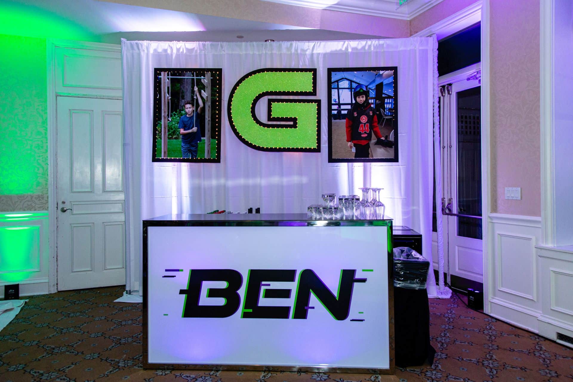 Custom Glittered Initial and Photos with Lights Behind Custom Logo Bar for Bar Mitzvah at Tamarack Country Club