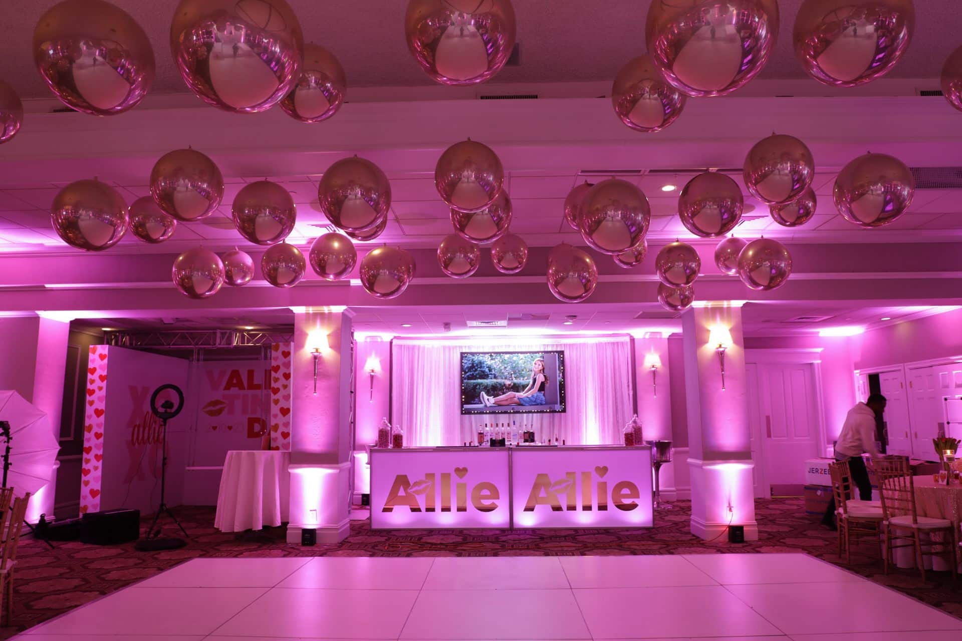 Custom LED Bar with Foil Name & Blowup Photo on LED Acrylic Beaded Curtain for Bat Mitzvah at Cedar Hill Country Club