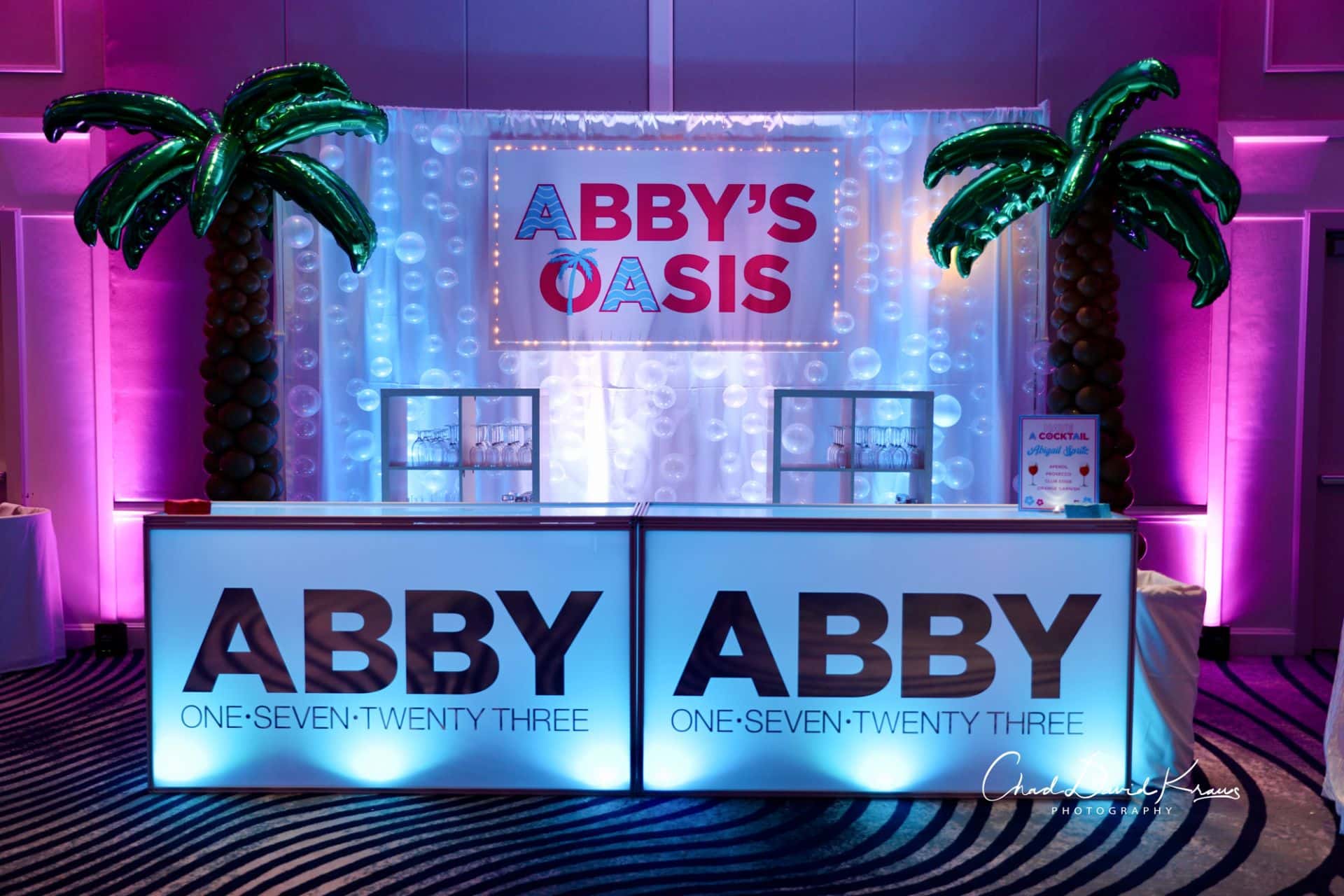 Custom Beach Themed LED Bar with Bubble Wall & Balloon Palm Trees at Hyatt Regency Greenwich