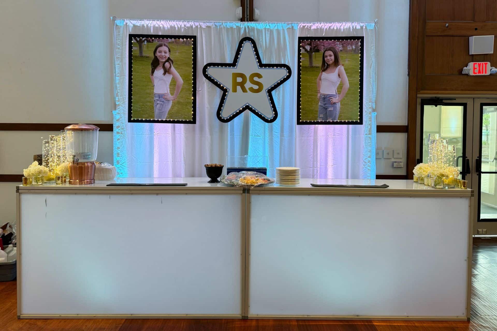 LED Bar for a Star Theme Bat Mitzvah In Front of Hand Cut Backdrops on Pipe and Drape