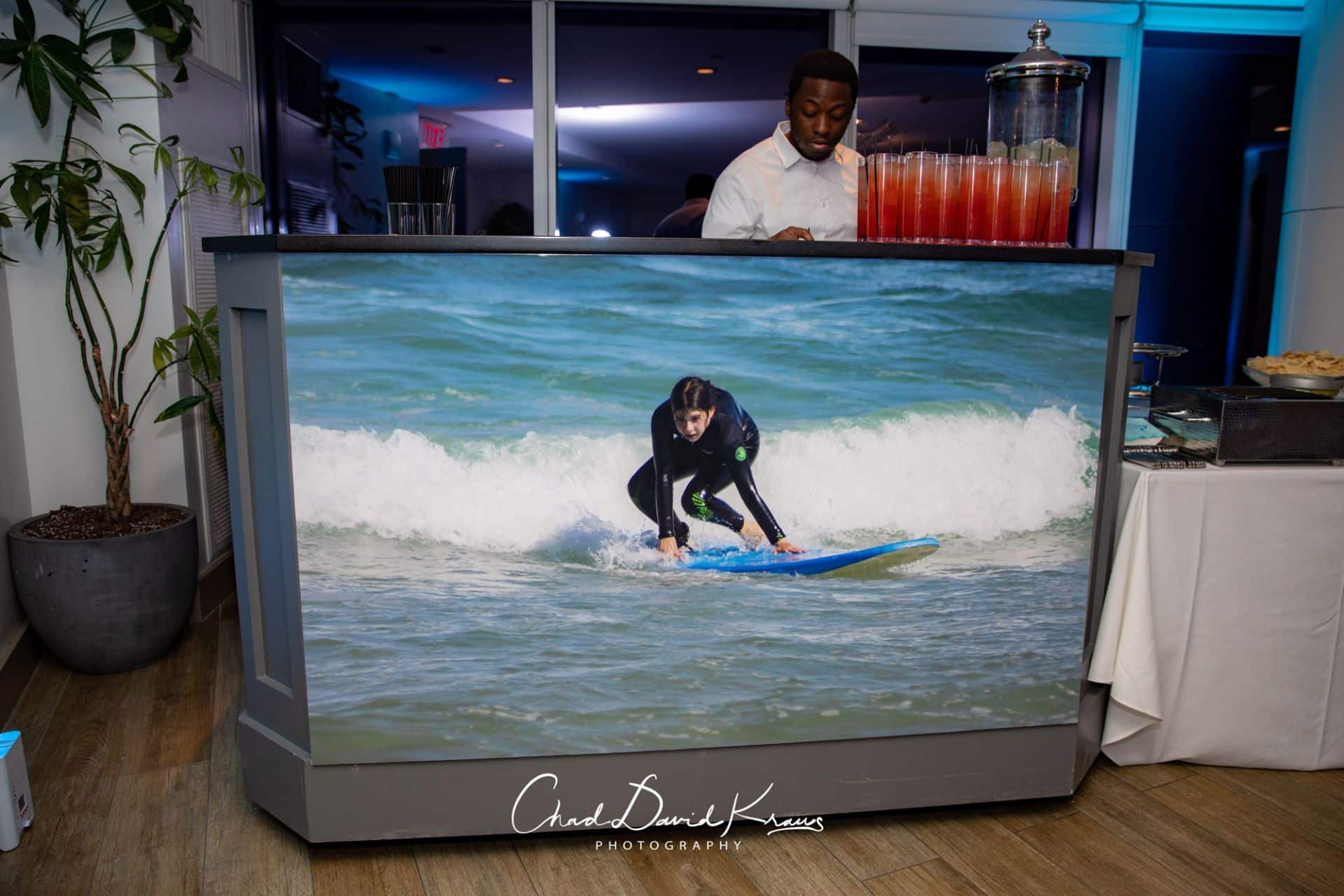 Blowup Photo on Bar for Surf Themed Bat Mitzvah at Kanopi, White Plains