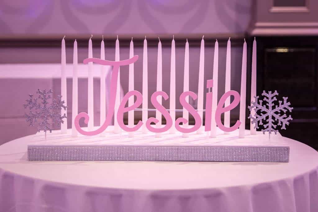 Winter Themed Candle Lighting Display with Name and Glittered Snowflakes