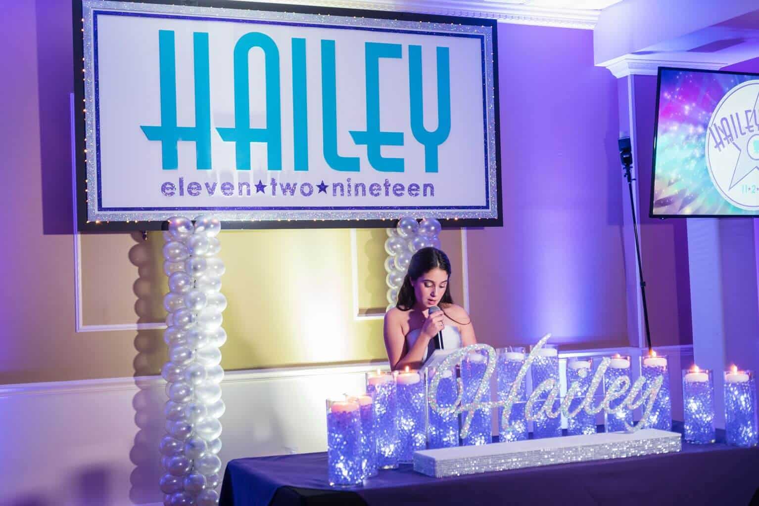 Lavender and Silver Candle Lighting Display with LED Cylinders and Aqua Gems