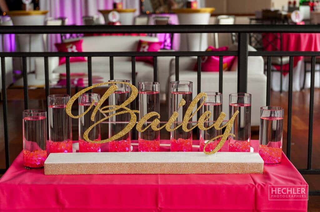 LED Candle Lighting Display with Custom Glittered Name and Cylinders with Floating Candles