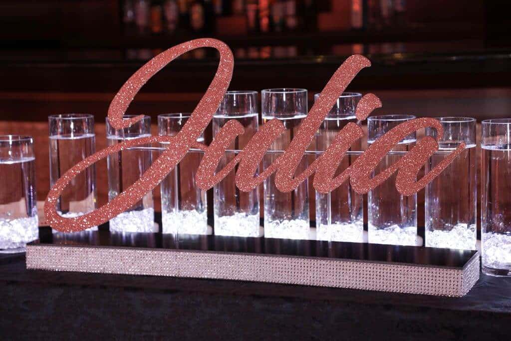 LED Candle Lighting Display with Rose Gold Glitter Name and White LED Cylinders