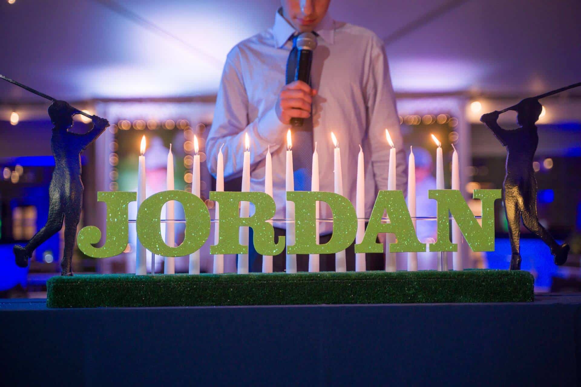 LED Lighting Display with Traditional Candles and Name Over Turf Base for Sports Theme Bar Mitzvah