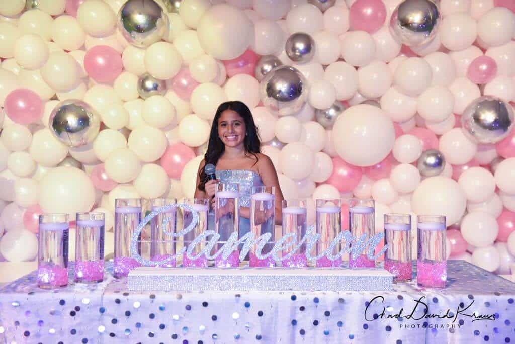 Bat Mitzvah Candle Lighting Display with Silver Glitter Name and Light Pink LED Cylinders