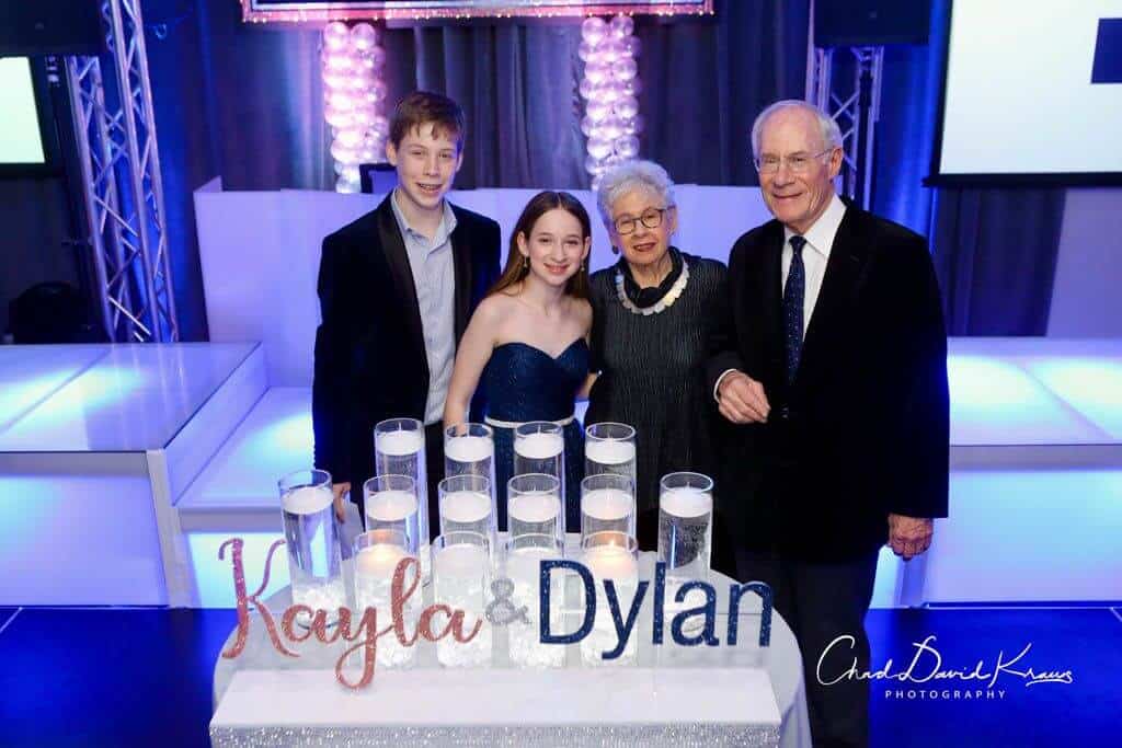 B'nai Mitzvah Candle Lighting Display with Rose Gold and Navy Glittered Names and White LED Cylinders