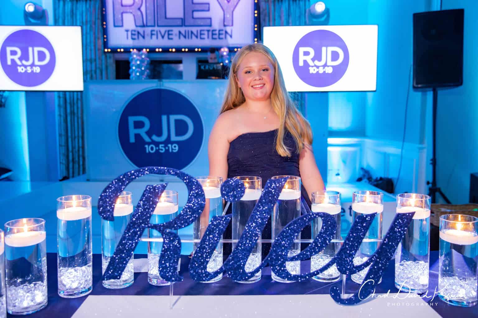 Navy Glittered Name Display with White LED Cylinders and Floating Candles