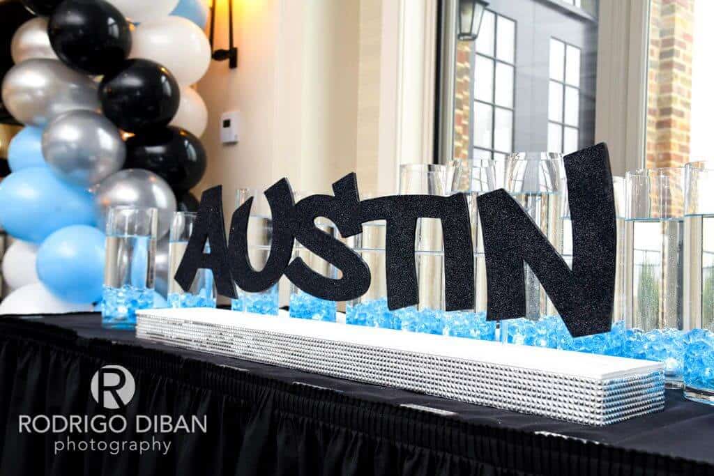 Bar Mitzvah Candle Lighting Display with Graffiti Name and Pale Blue LED Cylinders