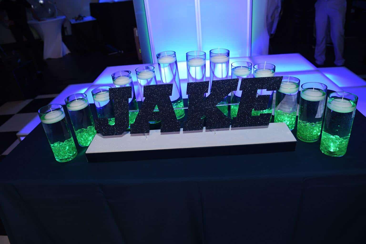 Navy Name Display with Lime LED Cylinders for Bar Mitzvah Candle Lighting Display