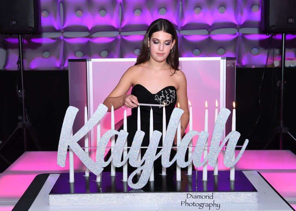 Bat Mitzvah Candle Lighting Display with Silver Glitter Name and Black and Silver Bling Base