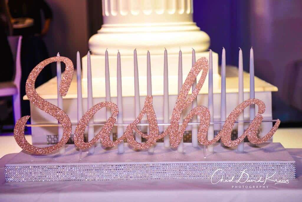 Candle Lighting Display with Rose Gold Glitter Name, Silver Bling Base and White Pillar Candles