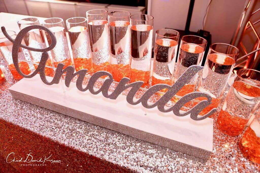 LED Candle Lighting Display with Custom Glittered Name and Cylinders with Floating Candles