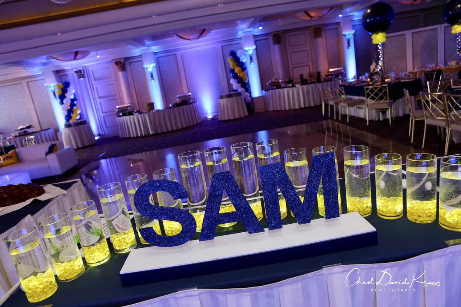 Navy Name Display with Yellow LED Cylinders for Bar Mitzvah Candle Lighting Ceremony