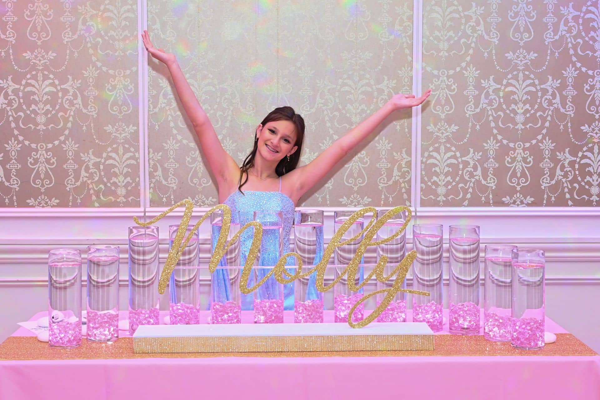 Gold and Pink Candle Lighting Display for Dance Themed Bat Mitzvah