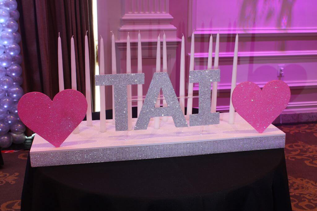 Bat Mitzvah Candle Lighting Centerpiece with Glittered Name and Hearts