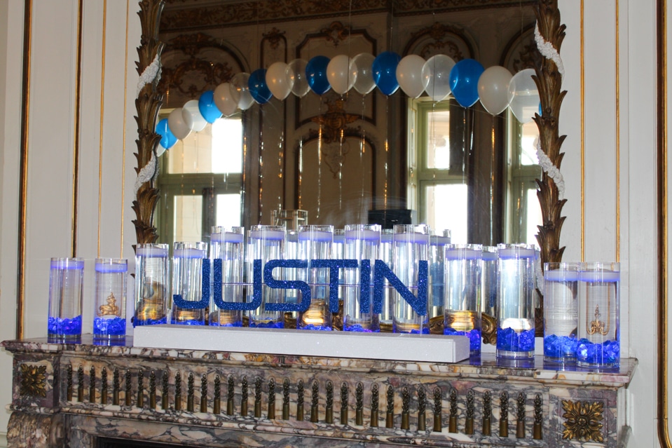 Bar Mitzvah Candle Lighting Display with Floating Candles and Custom Name Cutout