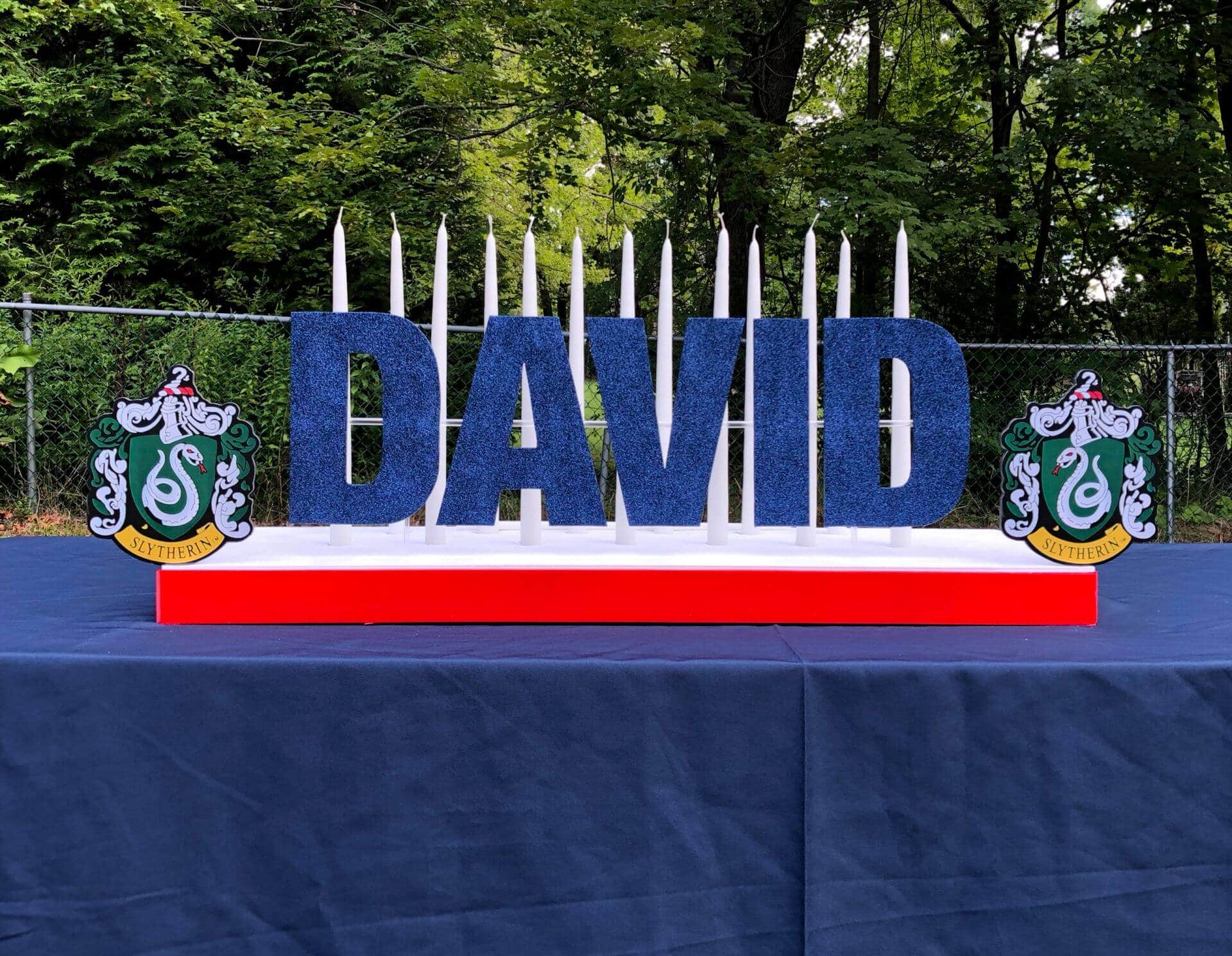 Harry Potter Candle Lighting Display with Glittered Name for Bar Mitzvah