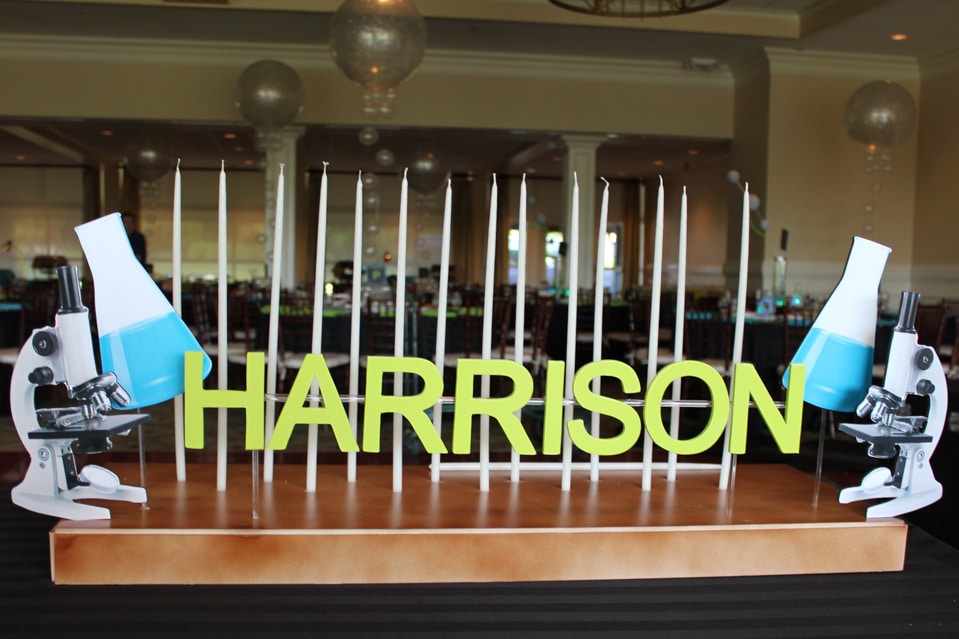 Science Themed Bar Mitzvah Candle Lighting Display with Flasks and Test Tubes