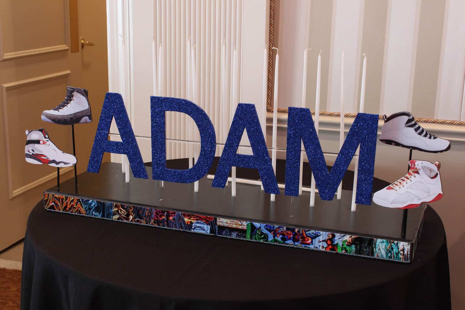 Sneaker Themed Candle Lighting Display with Glittered Name, Graffiti Ribbon and Sneaker Cutouts